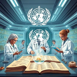 A futuristic illustration showcasing the World Health Organization (WHO) researching traditional medicine using the latest technology