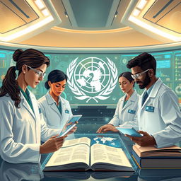 A futuristic illustration showcasing the World Health Organization (WHO) researching traditional medicine using the latest technology