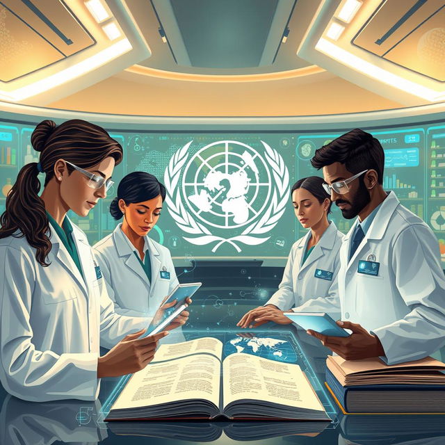 A futuristic illustration showcasing the World Health Organization (WHO) researching traditional medicine using the latest technology