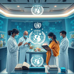 A futuristic illustration showcasing the World Health Organization (WHO) researching traditional medicine using the latest technology