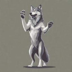 A vector-based illustration of a standing wolf, with its one paw raised high, as if expressing a cheerful 'hi'. The depiction should be stylized yet visually captivating.