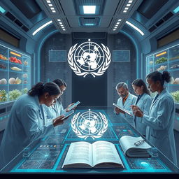 A futuristic illustration showcasing the World Health Organization (WHO) researching traditional medicine using the latest technology