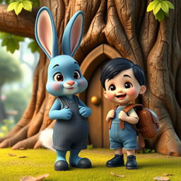 a playful 3D cartoon scene featuring a whimsical blue rabbit alongside a 10-month-old baby boy dressed in a small denim short jumper, tiny black shoes, with thick black hair, accessorized with a cute brown leather backpack