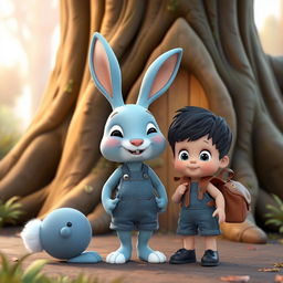 a playful 3D cartoon scene featuring a whimsical blue rabbit alongside a 10-month-old baby boy dressed in a small denim short jumper, tiny black shoes, with thick black hair, accessorized with a cute brown leather backpack