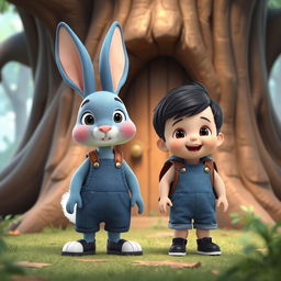 a playful 3D cartoon scene featuring a whimsical blue rabbit alongside a 10-month-old baby boy dressed in a small denim short jumper, tiny black shoes, with thick black hair, accessorized with a cute brown leather backpack