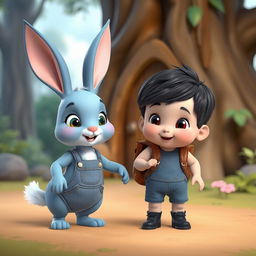 a playful 3D cartoon scene featuring a whimsical blue rabbit alongside a 10-month-old baby boy dressed in a small denim short jumper, tiny black shoes, with thick black hair, accessorized with a cute brown leather backpack