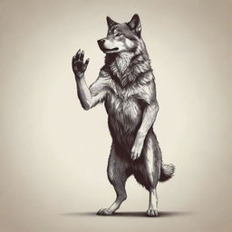 A vector-based illustration of a standing wolf, with its one paw raised high, as if expressing a cheerful 'hi'. The depiction should be stylized yet visually captivating.