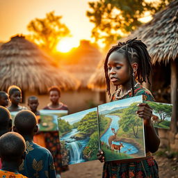 An African rural village with charming grass thatched huts as a backdrop