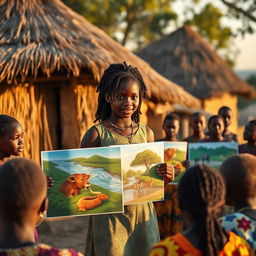 An African rural village with charming grass thatched huts as a backdrop