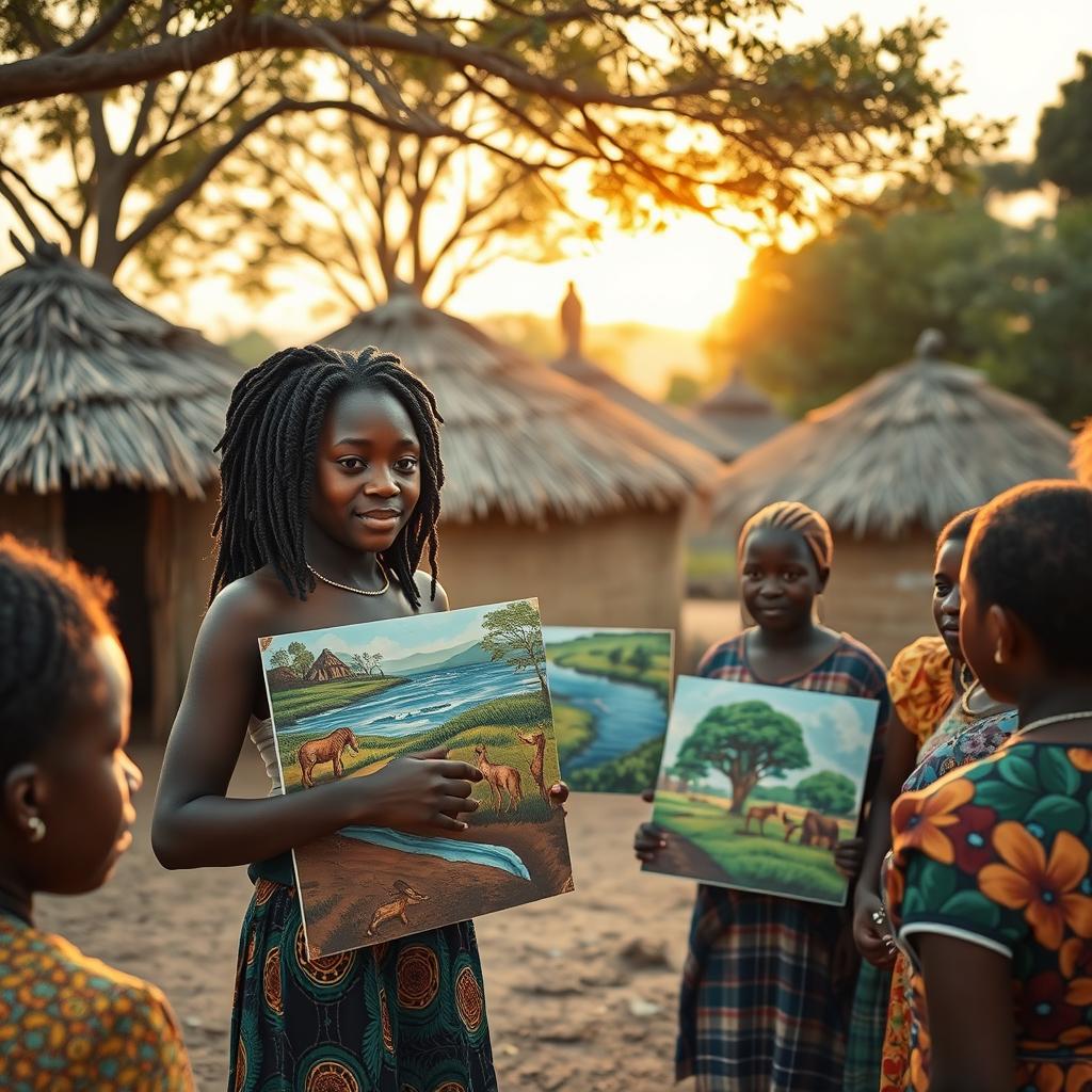 An African rural village with charming grass thatched huts as a backdrop