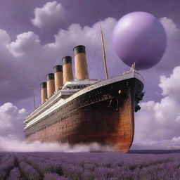 The Titanic reimagined in a gaspunk aesthetic, characterized by the use of vast pressurized gas systems. Picture the ship as a behemoth with gleaming brass structures, large gas-filled balloons, and jet propulsion mechanisms, sailing through billowing clouds under a surreal lavender sky.