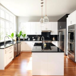 A modern and elegant kitchen interior with sleek, white cabinetry, a central island with black granite countertops, and high-end stainless steel appliances