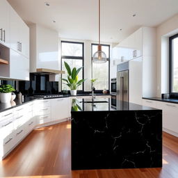 A modern and elegant kitchen interior with sleek, white cabinetry, a central island with black granite countertops, and high-end stainless steel appliances