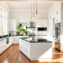 A modern and elegant kitchen interior with sleek, white cabinetry, a central island with black granite countertops, and high-end stainless steel appliances