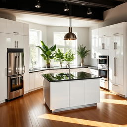 A modern and elegant kitchen interior with sleek, white cabinetry, a central island with black granite countertops, and high-end stainless steel appliances