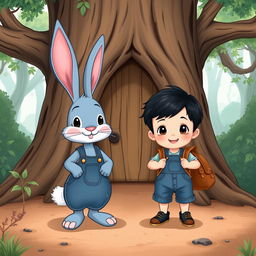 a delightful cartoon illustration featuring a whimsical blue rabbit alongside a 10-month-old baby boy dressed in a tiny denim short jumper, cute black shoes, with thick black hair, accessorized with a miniature brown leather backpack