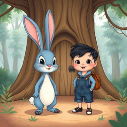 a delightful cartoon illustration featuring a whimsical blue rabbit alongside a 10-month-old baby boy dressed in a tiny denim short jumper, cute black shoes, with thick black hair, accessorized with a miniature brown leather backpack