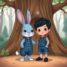 a delightful cartoon illustration featuring a whimsical blue rabbit alongside a 10-month-old baby boy dressed in a tiny denim short jumper, cute black shoes, with thick black hair, accessorized with a miniature brown leather backpack