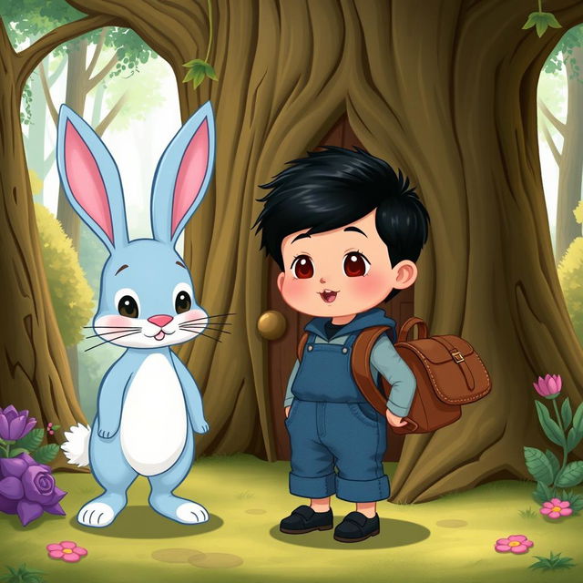 a delightful cartoon illustration featuring a whimsical blue rabbit alongside a 10-month-old baby boy dressed in a tiny denim short jumper, cute black shoes, with thick black hair, accessorized with a miniature brown leather backpack