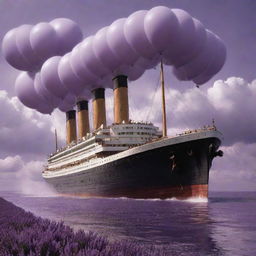 The Titanic reimagined in a gaspunk aesthetic, characterized by the use of vast pressurized gas systems. Picture the ship as a behemoth with gleaming brass structures, large gas-filled balloons, and jet propulsion mechanisms, sailing through billowing clouds under a surreal lavender sky.