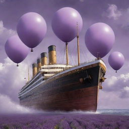 The Titanic reimagined in a gaspunk aesthetic, characterized by the use of vast pressurized gas systems. Picture the ship as a behemoth with gleaming brass structures, large gas-filled balloons, and jet propulsion mechanisms, sailing through billowing clouds under a surreal lavender sky.