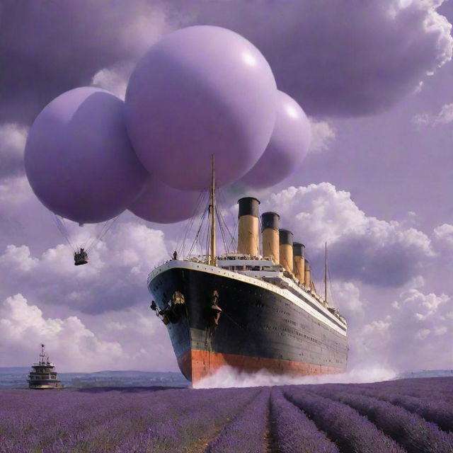 The Titanic reimagined in a gaspunk aesthetic, characterized by the use of vast pressurized gas systems. Picture the ship as a behemoth with gleaming brass structures, large gas-filled balloons, and jet propulsion mechanisms, sailing through billowing clouds under a surreal lavender sky.