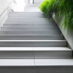 Design a city stairway with materials and features that repel dust, with focus on smooth surfaces, gloss finishes, and plants strategically placed to create a clean, dust-free appearance.