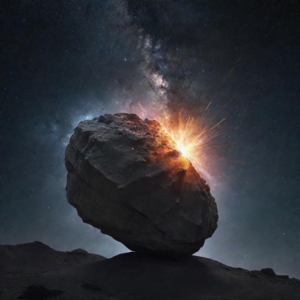 A large rock exploding within a simple, minimalist depiction of a galaxy.