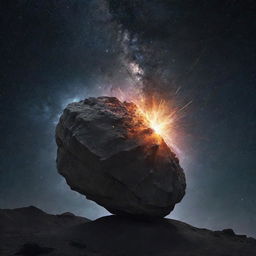 A large rock exploding within a simple, minimalist depiction of a galaxy.