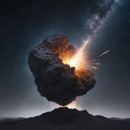 A large rock exploding within a simple, minimalist depiction of a galaxy.