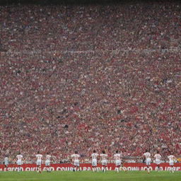 A thrilling football match scene between Girona FC dressed in red and white uniforms and Real Madrid in their white uniforms. The stadium is packed with excited fans; anticipation and competitiveness fill the atmosphere.