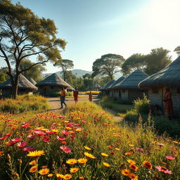 A serene African rural village with grass thatched huts, surrounded by fields of vibrant wildflowers, tall trees, and lush gardens