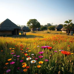 A serene African rural village with grass thatched huts, surrounded by fields of vibrant wildflowers, tall trees, and lush gardens