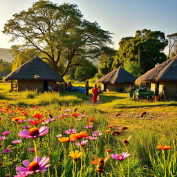 A serene African rural village with grass thatched huts, surrounded by fields of vibrant wildflowers, tall trees, and lush gardens