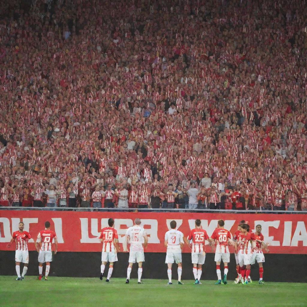 A thrilling football match scene between Girona FC dressed in red and white uniforms and Real Madrid in their white uniforms. The stadium is packed with excited fans; anticipation and competitiveness fill the atmosphere.