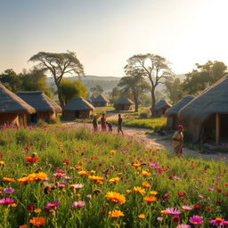 A serene African rural village with grass thatched huts, surrounded by fields of vibrant wildflowers, tall trees, and lush gardens