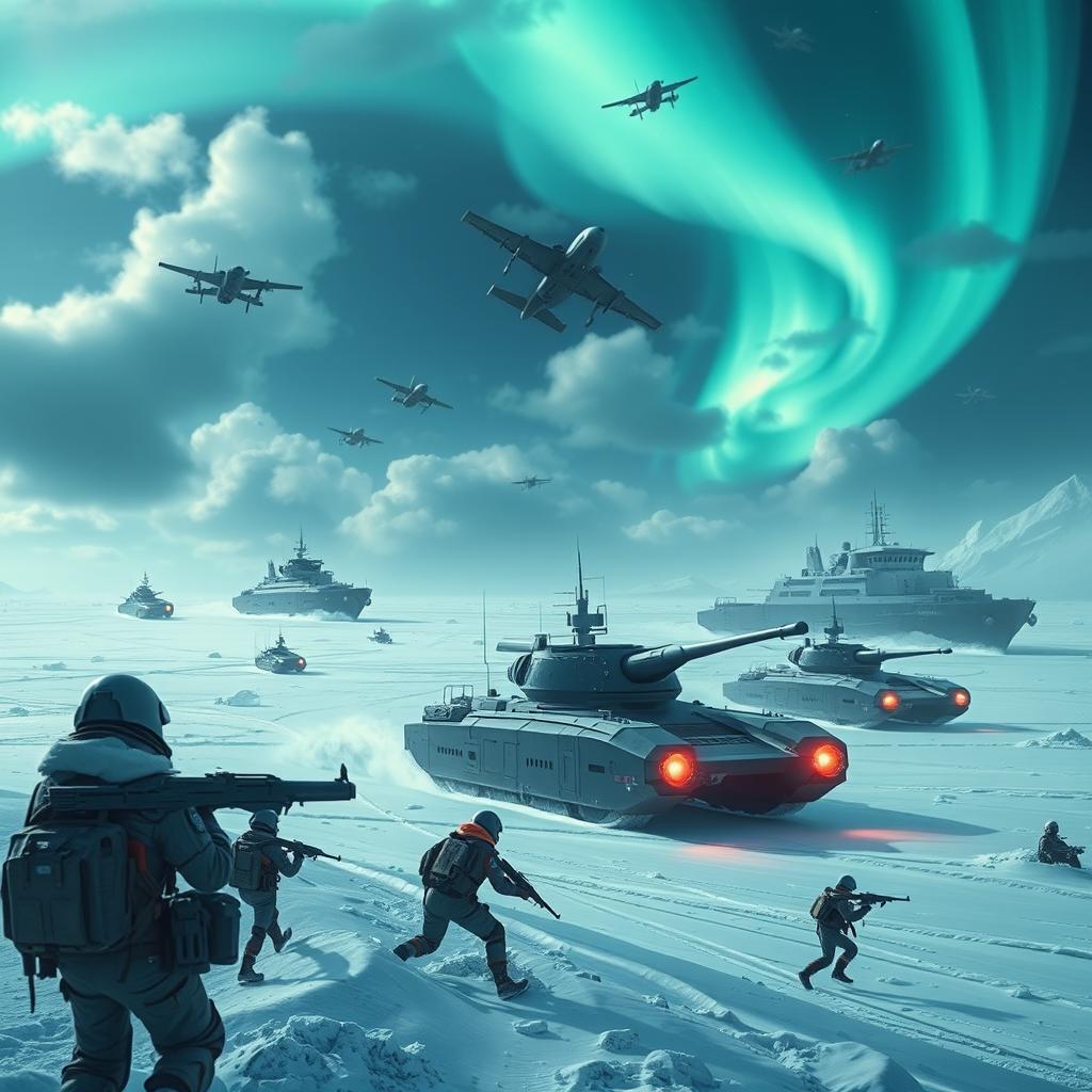 A dramatic scene depicting a new war in the Arctic, with modern military forces, icebreakers navigating through icy waters, and fighter jets soaring through the cold, crisp sky