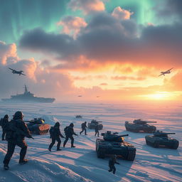 A dramatic scene depicting a new war in the Arctic, with modern military forces, icebreakers navigating through icy waters, and fighter jets soaring through the cold, crisp sky