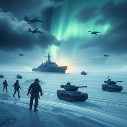 A dramatic scene depicting a new war in the Arctic, with modern military forces, icebreakers navigating through icy waters, and fighter jets soaring through the cold, crisp sky