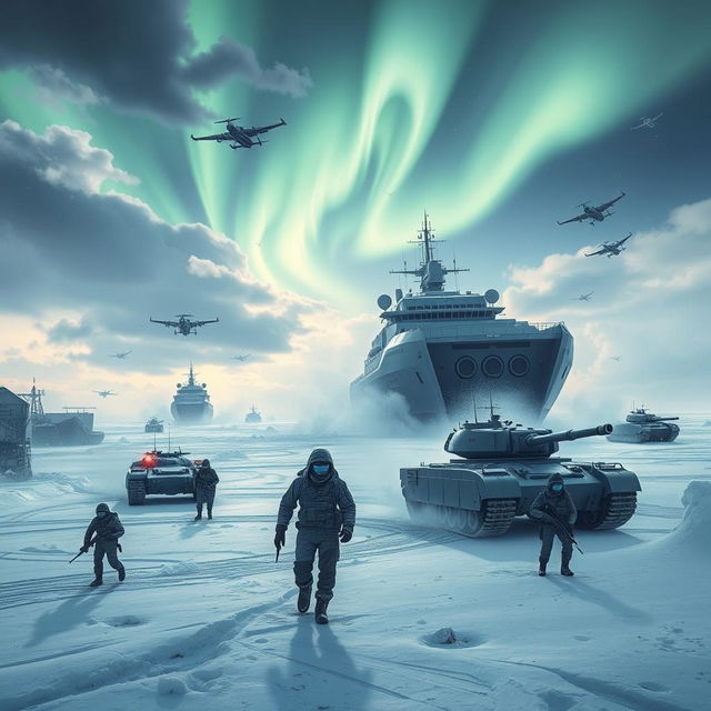 A dramatic scene depicting a new war in the Arctic, with modern military forces, icebreakers navigating through icy waters, and fighter jets soaring through the cold, crisp sky