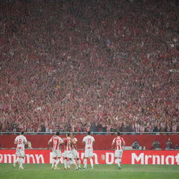 A thrilling football match scene between Girona FC dressed in red and white uniforms and Real Madrid in their white uniforms. The stadium is packed with excited fans; anticipation and competitiveness fill the atmosphere.