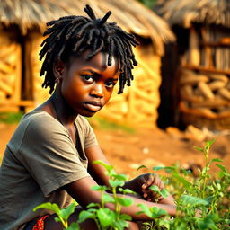 A teenage African girl with locs, sitting near a field in an African rural village with grass-thatched houses