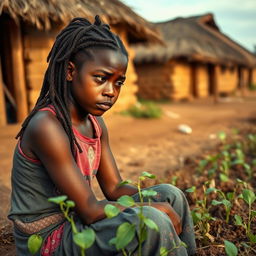 A teenage African girl with locs, sitting near a field in an African rural village with grass-thatched houses