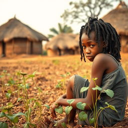 A teenage African girl with locs, sitting near a field in an African rural village with grass-thatched houses