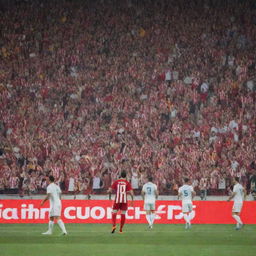 A thrilling football match scene between Girona FC dressed in red and white uniforms and Real Madrid in their white uniforms. The stadium is packed with excited fans; anticipation and competitiveness fill the atmosphere.