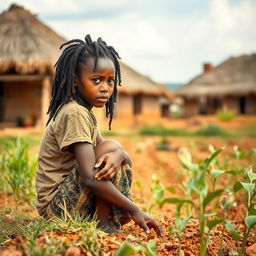 A teenage African girl with locs, sitting near a field in an African rural village with grass-thatched houses