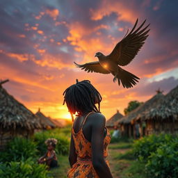 In an African rural village with grass-thatched houses, a teenage African girl with locs stands in awe