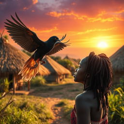 In an African rural village with grass-thatched houses, a teenage African girl with locs stands in awe