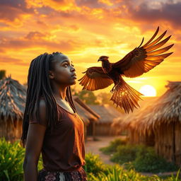 In an African rural village with grass-thatched houses, a teenage African girl with locs stands in awe