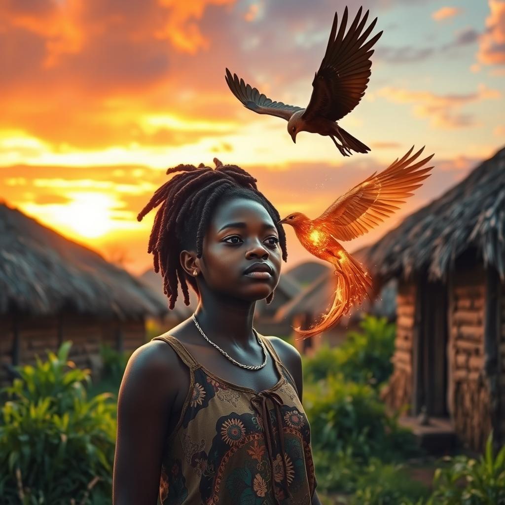 In an African rural village with grass-thatched houses, a teenage African girl with locs stands in awe